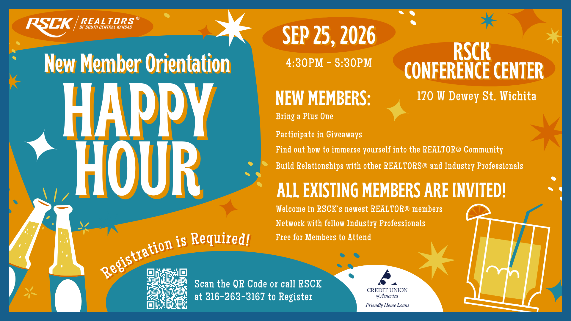 RSCR New Member Orientation Happy Hour on May 28, 2026, at the RSCR Conference Center. Registration is required.