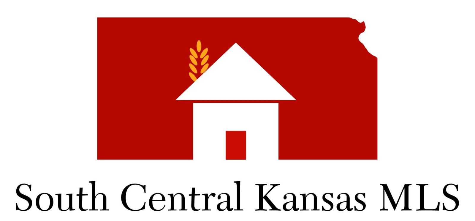 Logo for South Central Kansas MLS featuring a white house outline with a wheat stalk inside a red Kansas state silhouette.