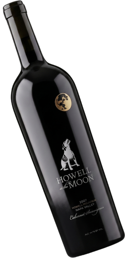 Black wine bottle with a slanted label and gold emblem on a white background