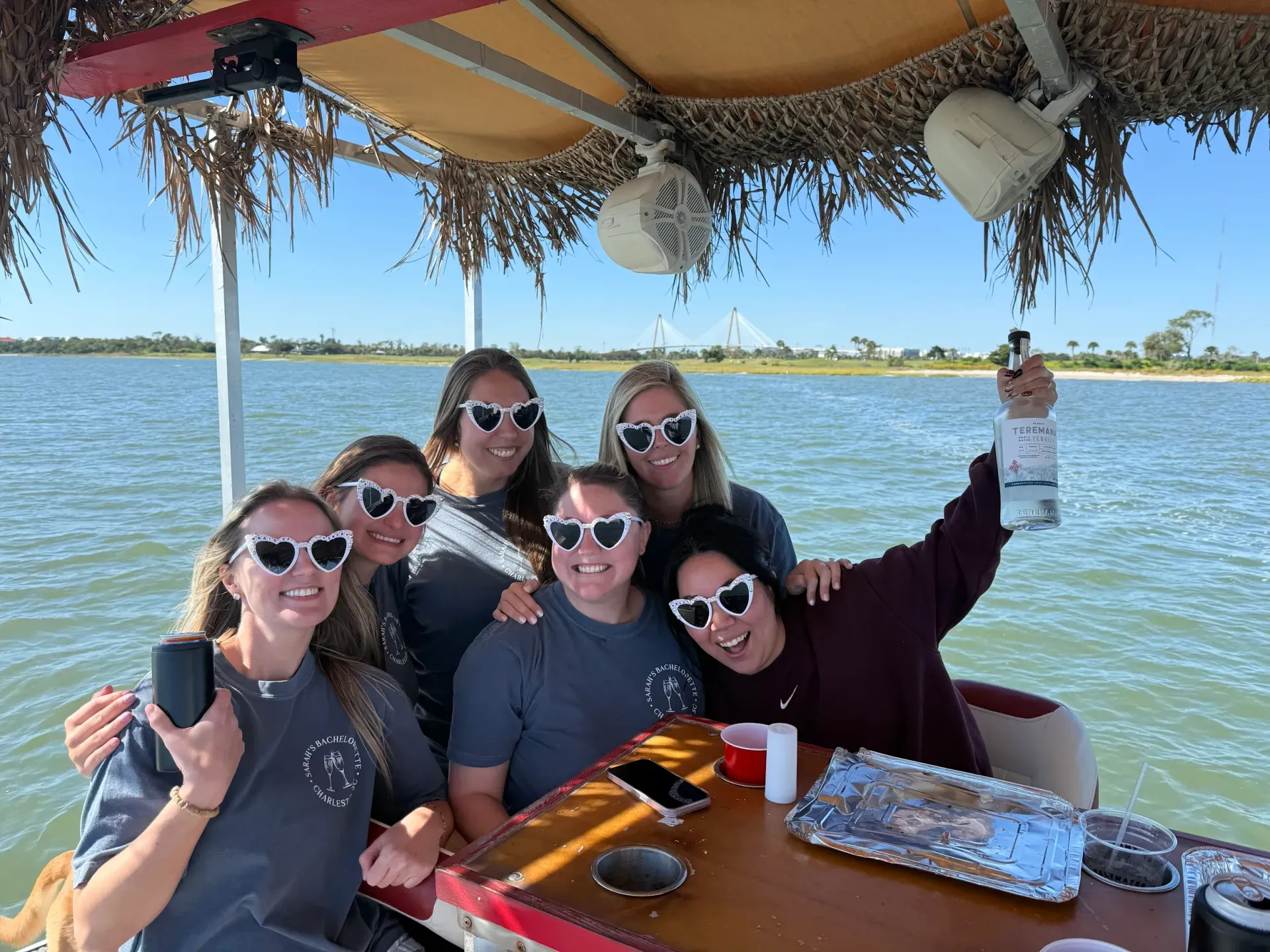 Six friends smiling on a boat under a canopy, posing with drinks on a sunny waterfront trip.