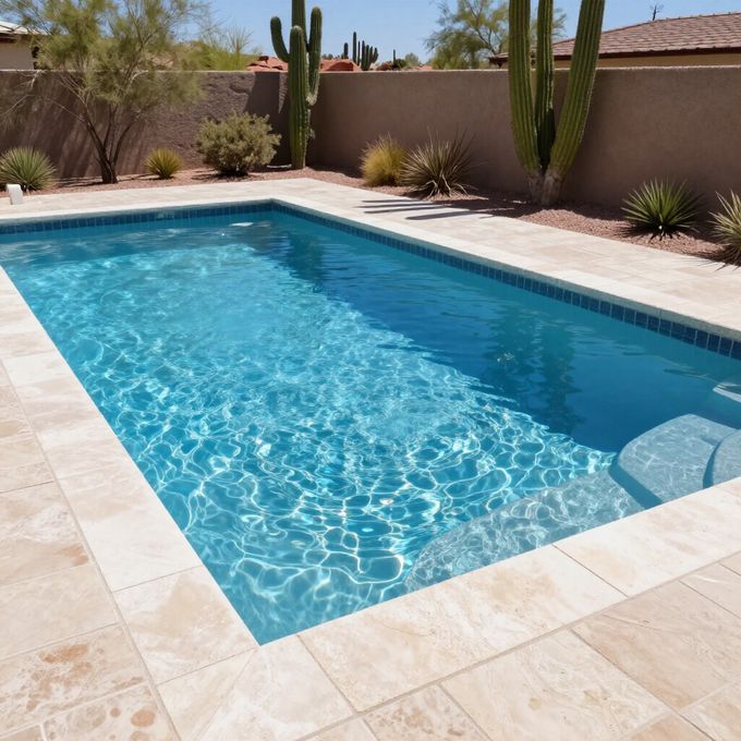 A rectangular swimming pool with blue water and beige stone decking, surrounded by cacti and a desert landscape.