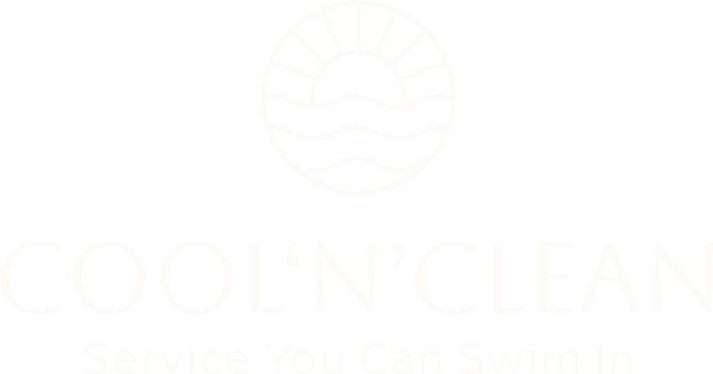 A minimalist logo for Cool 'N Clean, featuring a circular sun and wave icon above the brand name in light text.