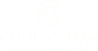 A minimalist logo for Cool 'N Clean, featuring a circular sun and wave icon above the brand name in light text.