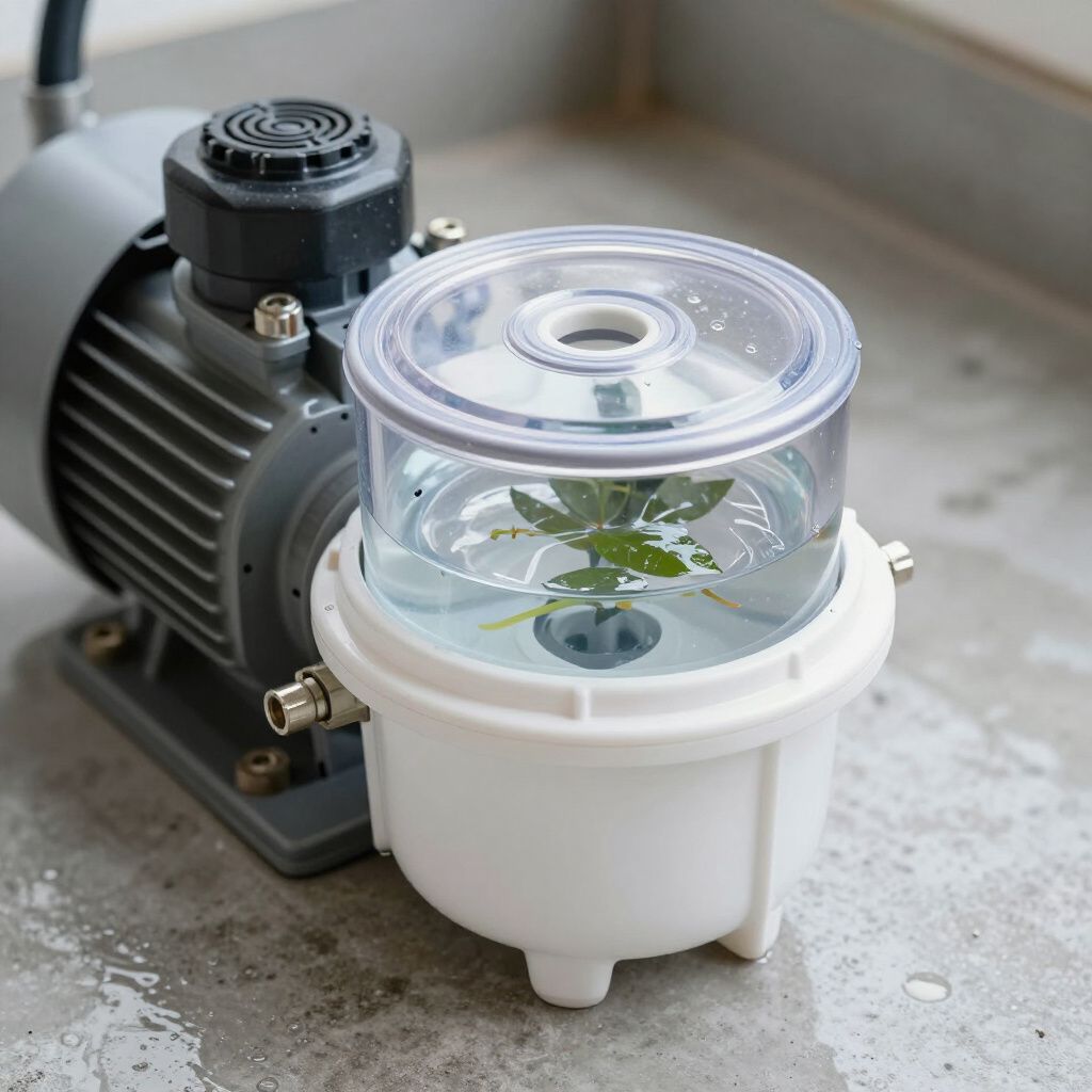 A motor attached to a white, circular filter housing with a transparent lid containing a small plant submerged in water.