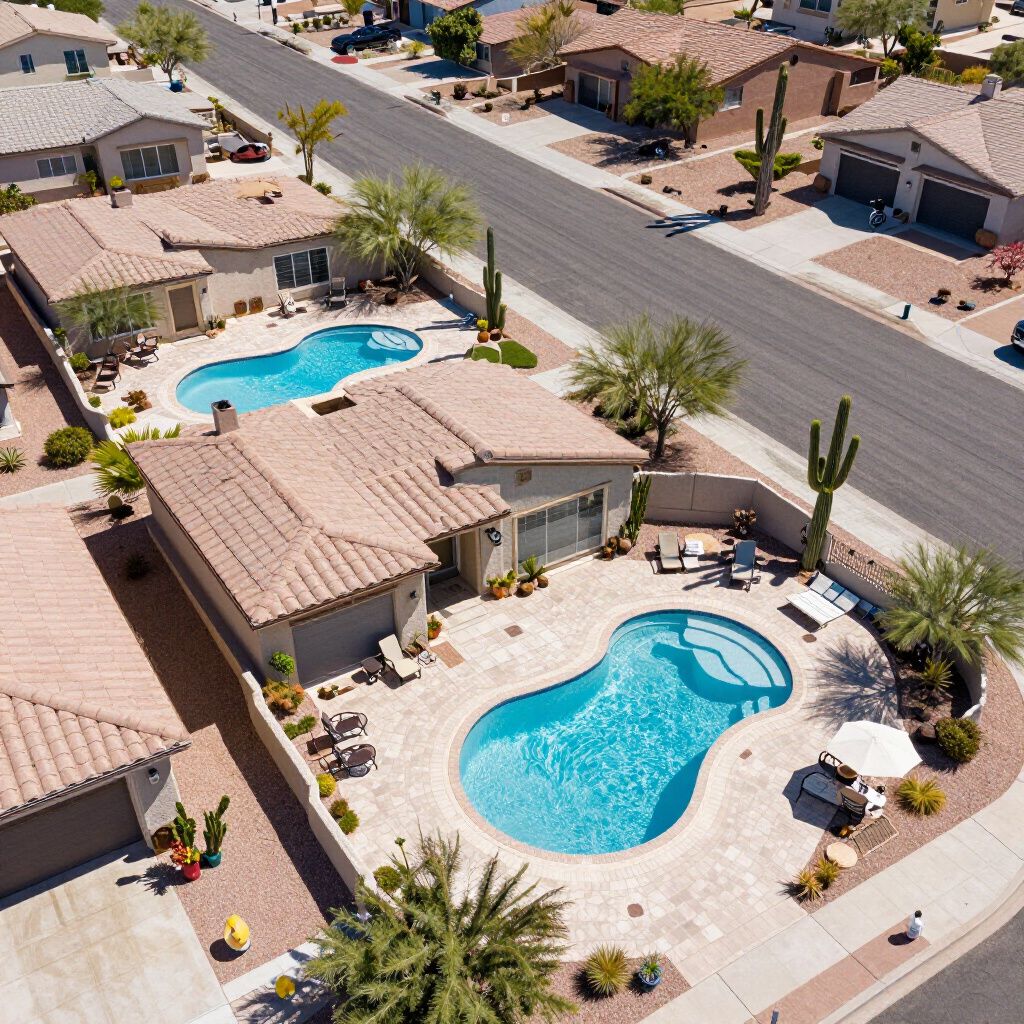 An aerial view of desert homes with swimming pools and tiled roofs in a quiet suburban neighborhood.