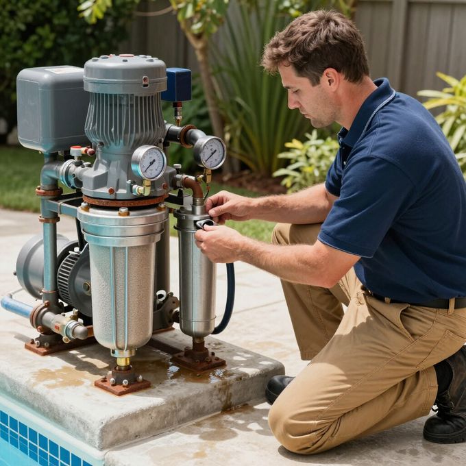 A technician kneeling beside a pool pump system, adjusting a metal filter component on a concrete patio.