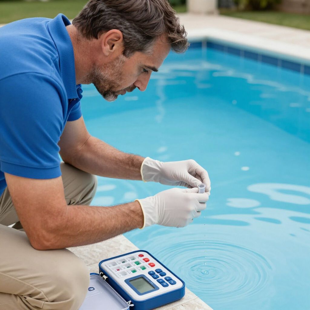 A person wearing gloves tests water quality in a blue swimming pool using a portable digital analyzer.