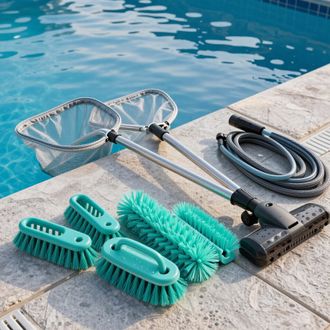 Swimming pool cleaning equipment, including nets, brushes, and a hose, sits on a stone pool deck beside blue water.