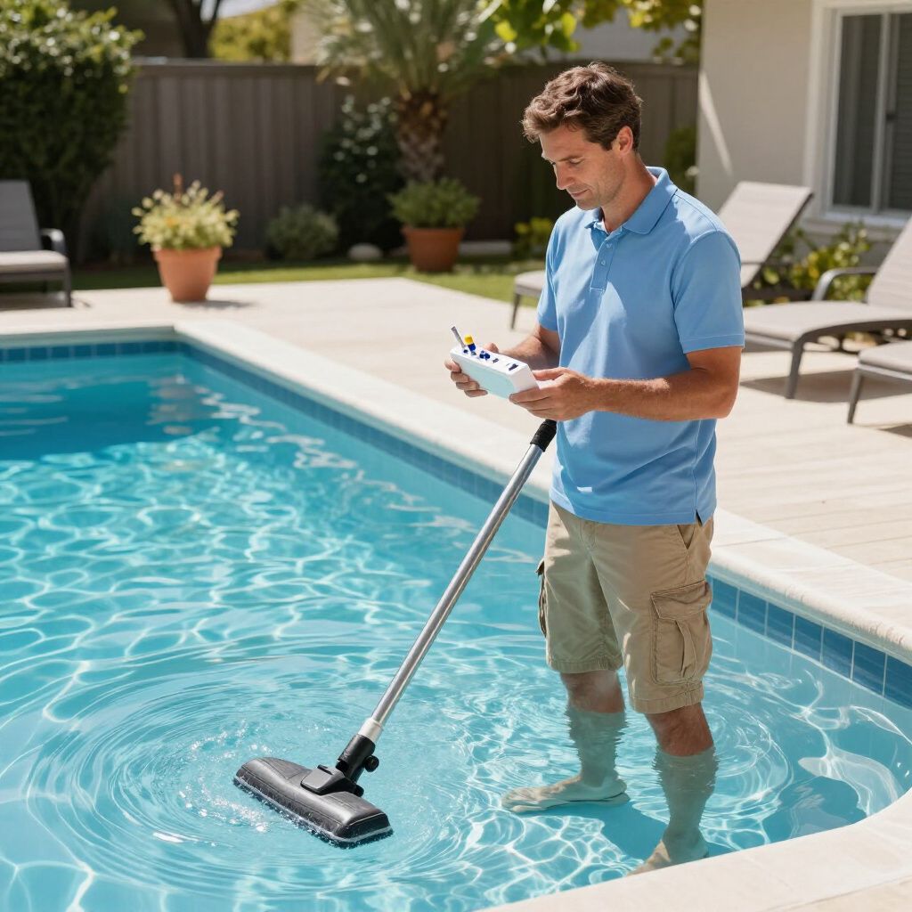 A person in a blue shirt and khaki shorts stands in a pool, using a long-handled vacuum to clean the water.