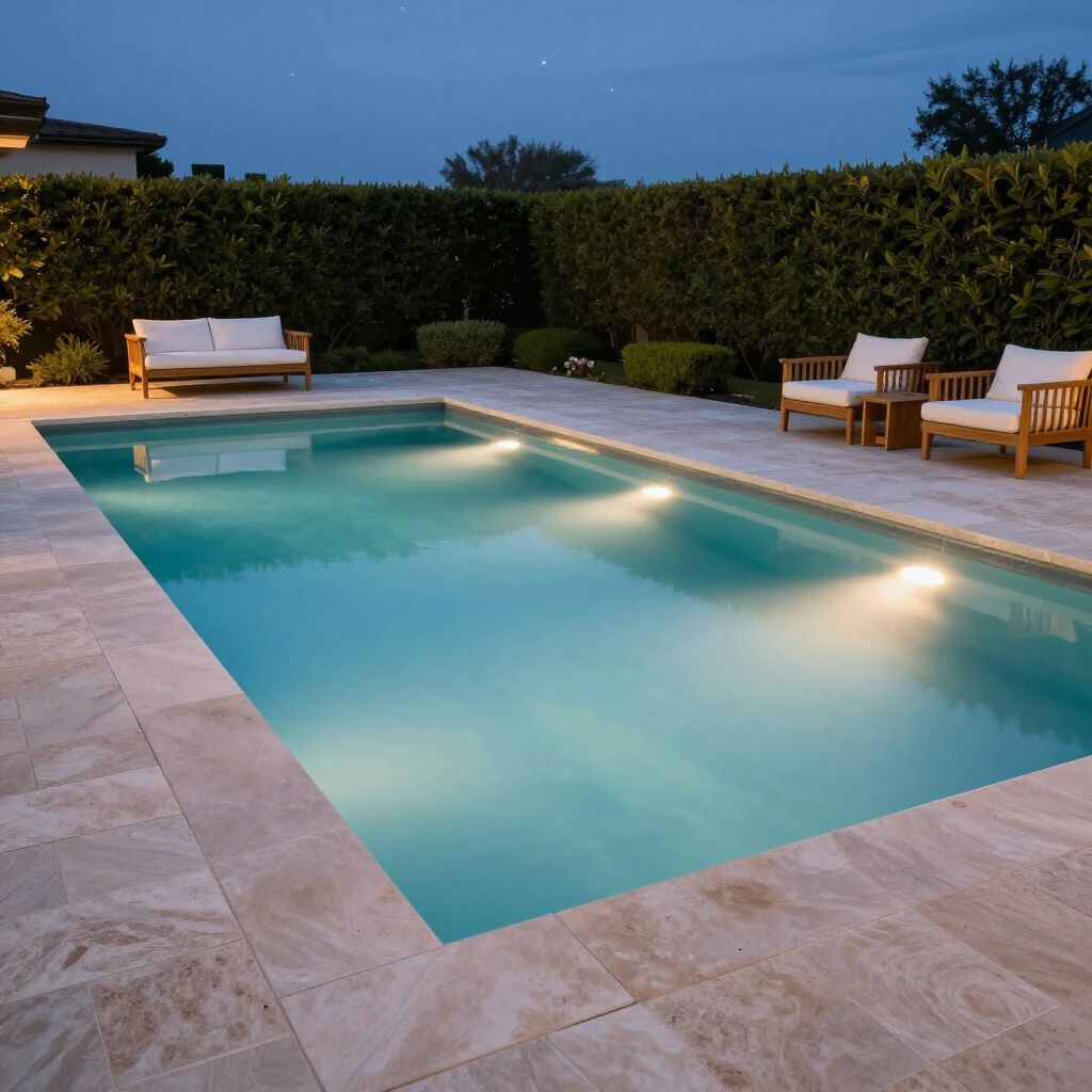 An illuminated rectangular swimming pool surrounded by a stone patio, outdoor furniture, and a tall privacy hedge at dusk.