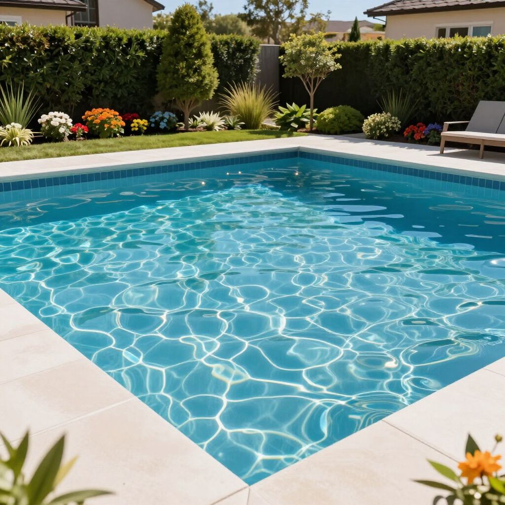 A bright, rectangular swimming pool surrounded by a light stone deck, a manicured hedge, and colorful garden flowers.