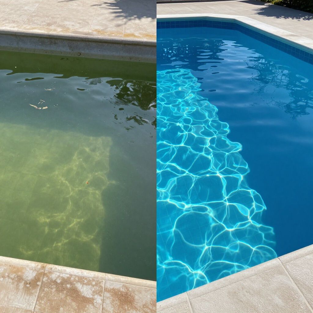 Split view showing a cloudy green swimming pool before cleaning and the same pool crystal clear and blue after treatment.