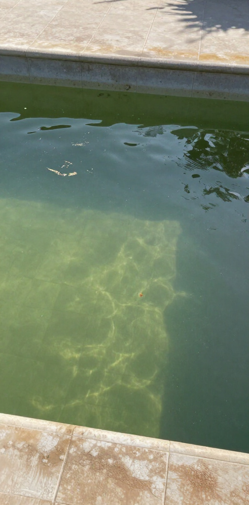 A view of a pool with murky, green-tinted water and light reflections on the bottom near the edge.