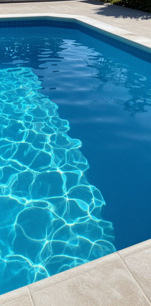 A corner view of a bright blue swimming pool with sunlight sparkling on the water surface and a stone tiled deck border.