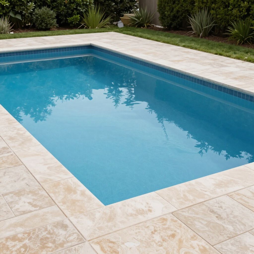 A rectangular backyard swimming pool with blue water and light tan stone pavers.