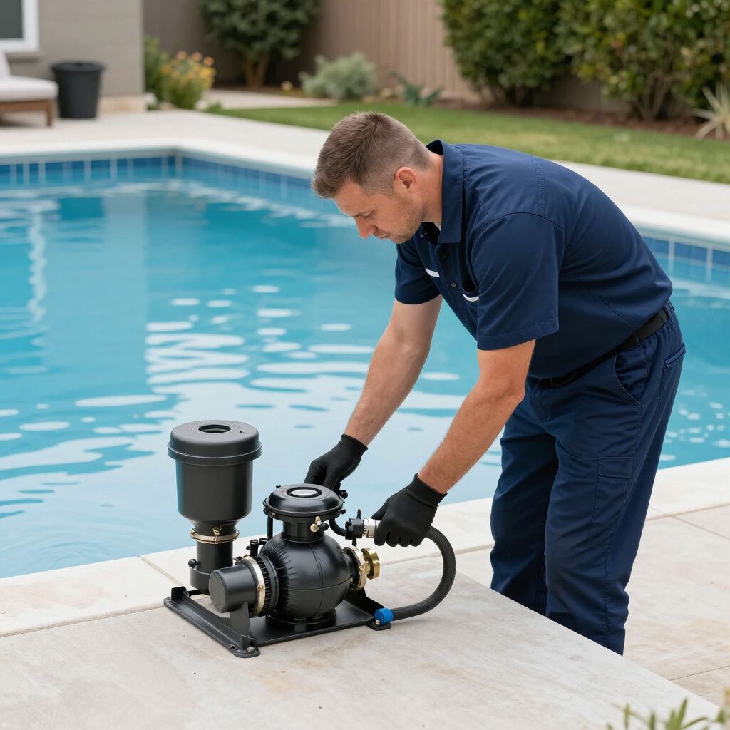 A service worker in a dark blue uniform inspects a pool pump by the edge of an outdoor swimming pool.