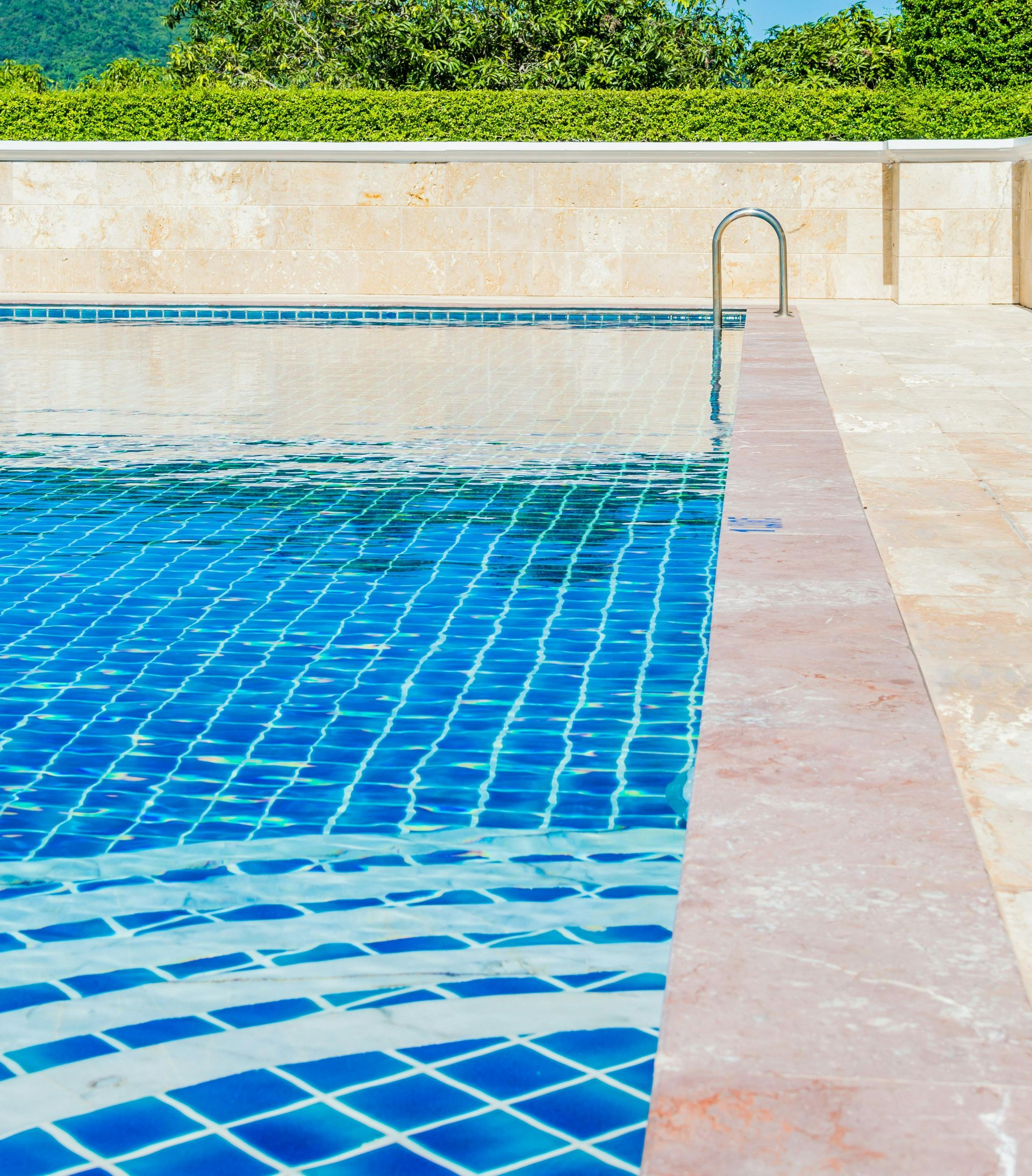 A pool edge with blue tiles, a metal ladder, and a stone deck under a clear sky and trees.