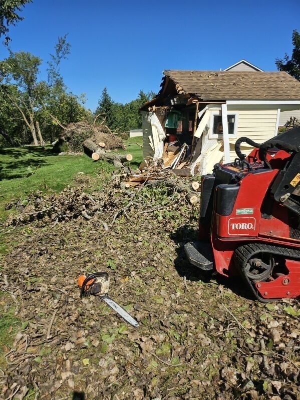Yard cleanup scene with red Toro leaf blower, fallen leaves, and a house in the background