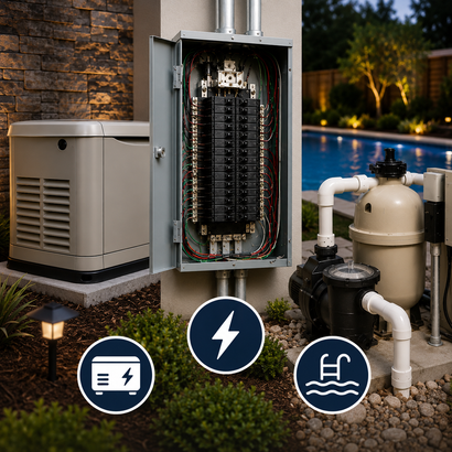 Open electrical panel beside pool equipment and pump system in a landscaped yard.