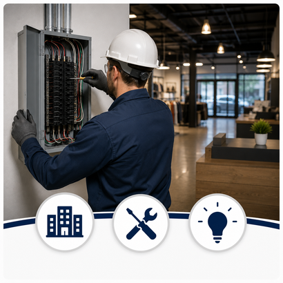 Technician in hard hat inspecting an open electrical panel in a modern office interior