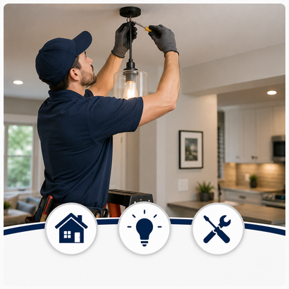 Electrician installing a ceiling light in a bright kitchen, with home repair icons below.