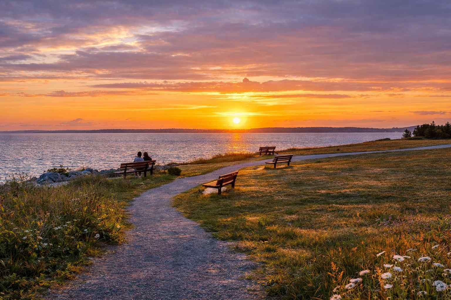 Sunset over a coastal path with benches, ocean waves, and grassy shore