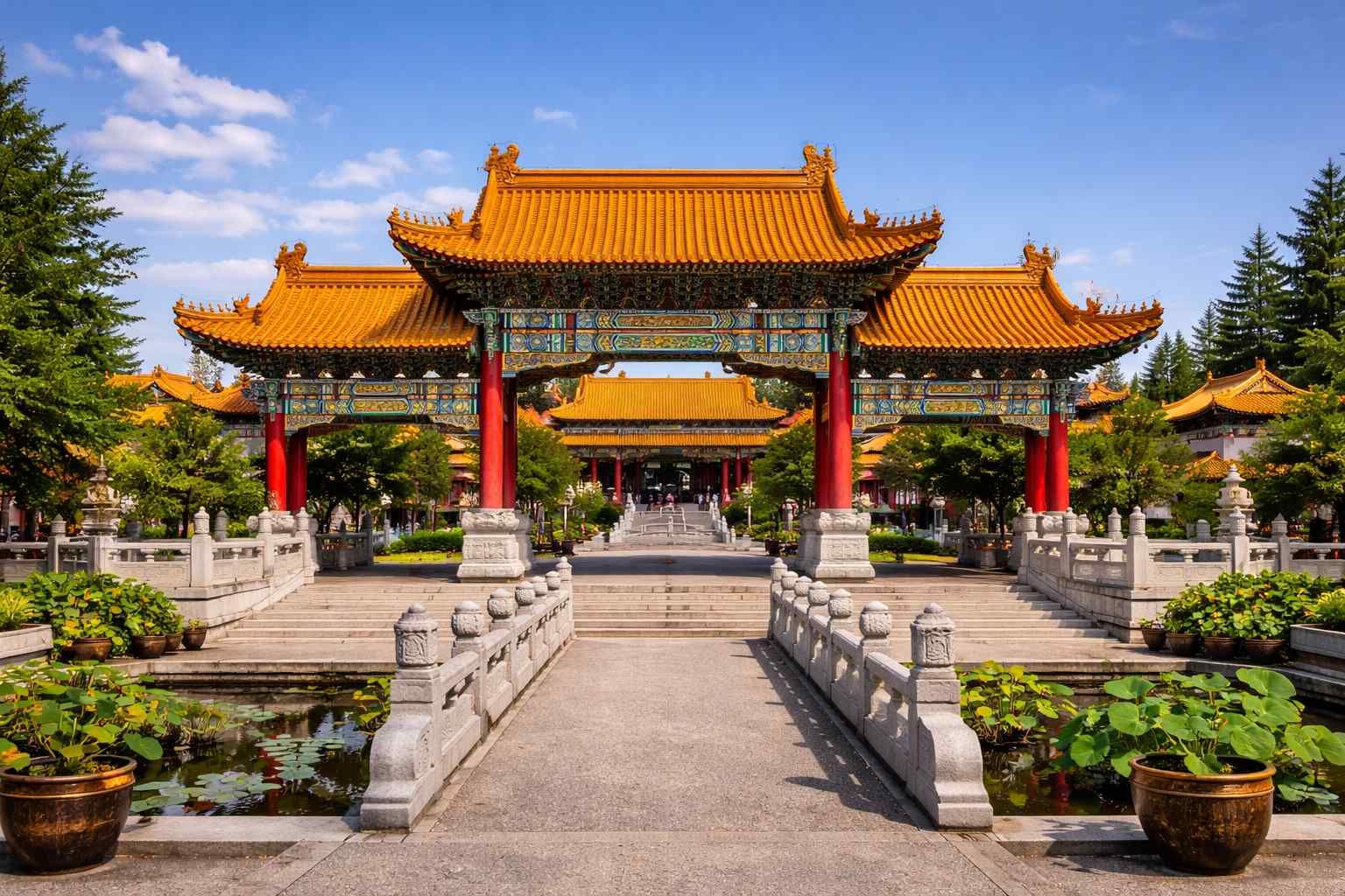Traditional Chinese temple entrance with ornate orange roofs, red pillars, and a stone bridge over a reflecting pool