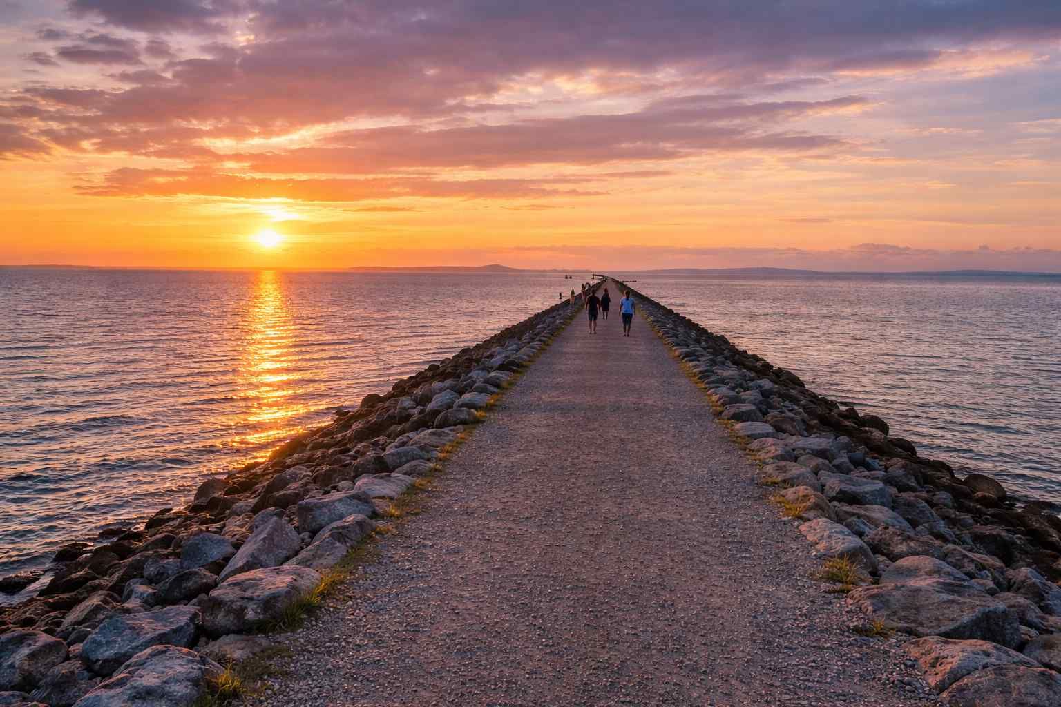 Sunset over a rocky pier extending into calm water, with a few people walking in the distance.