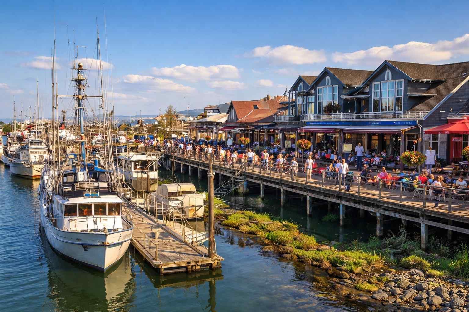 Busy marina with boats docked beside a waterfront boardwalk and shops under a bright sky