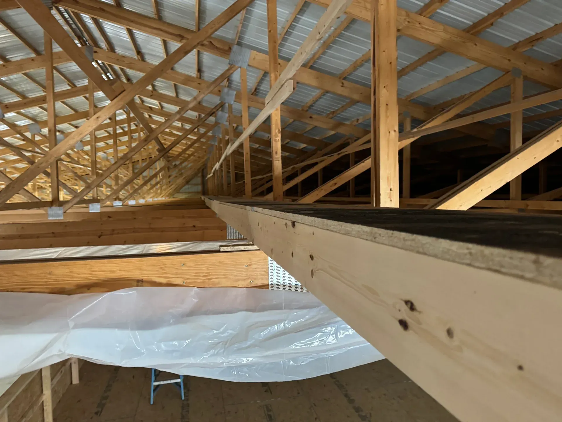 Wooden attic rafters and beams with a white plastic sheet draped below the roof structure.