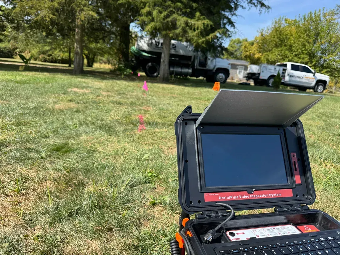 Outdoor worksite with a rugged monitor case in the foreground and parked trucks on a grassy lawn.