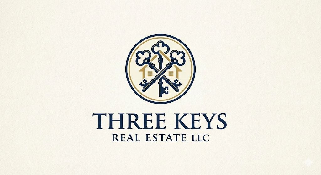 Three Keys Real Estate LLC logo with gold key emblem and navy text on a light background