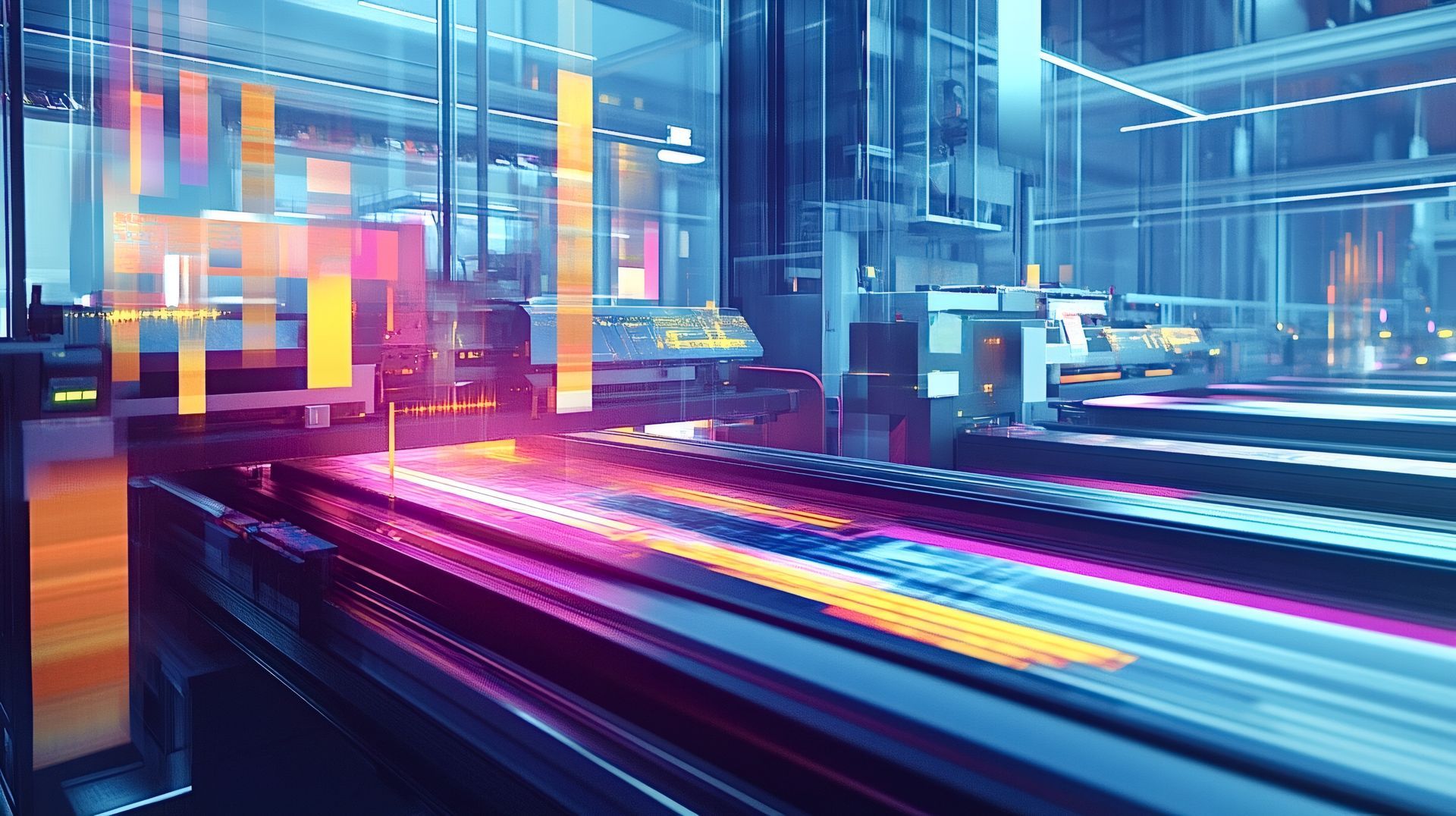 Abstrakte, futuristische Stadtlandschaft mit Neonlichtspuren in Blau, Rosa und Orange.