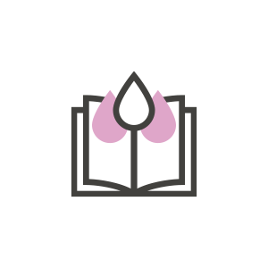 Symbol eines offenen Buches mit schwarzer Feder und rosa Akzenten