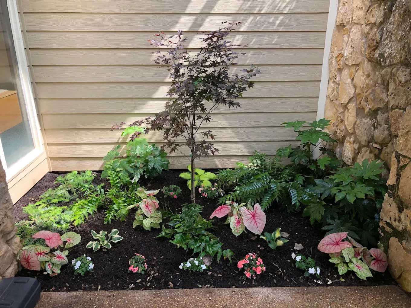Landscape bed with purple, pink, and green foliage against a house wall and stone corner.