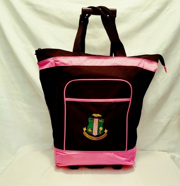 A brown and pink tote bag with a crest on it