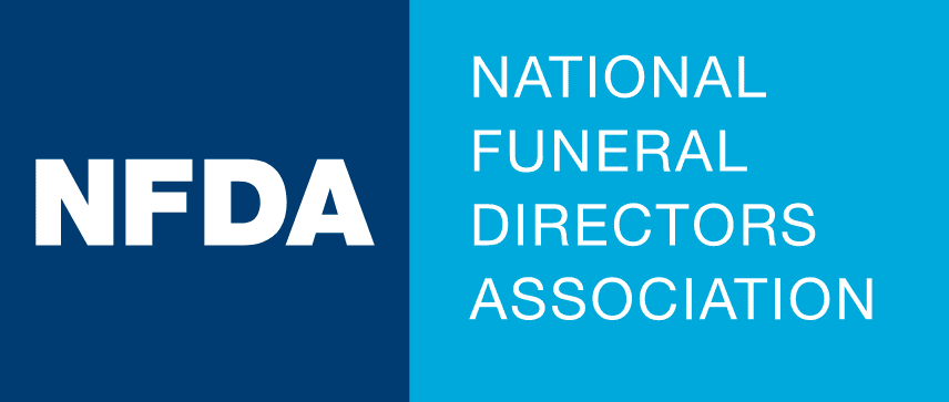 NFDA logo with white text on dark blue and light blue background, reading National Funeral Directors Association