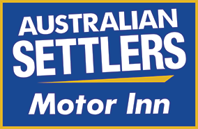 Logo for Australian Settlers Motor Inn: white text on blue with gold border and accent line.