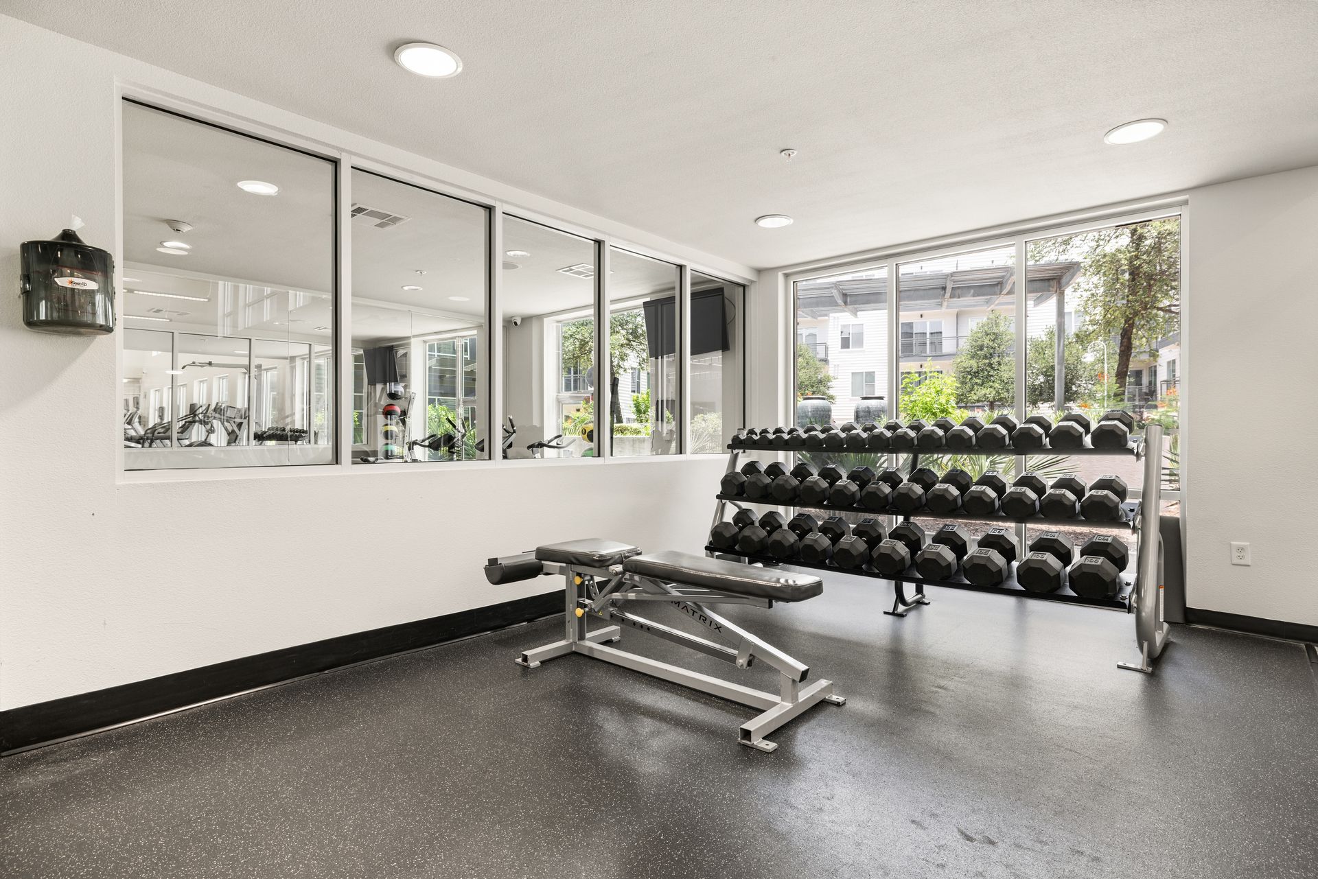 Empty gym room with dumbbell rack, weight bench, mirrors, and windows overlooking trees
