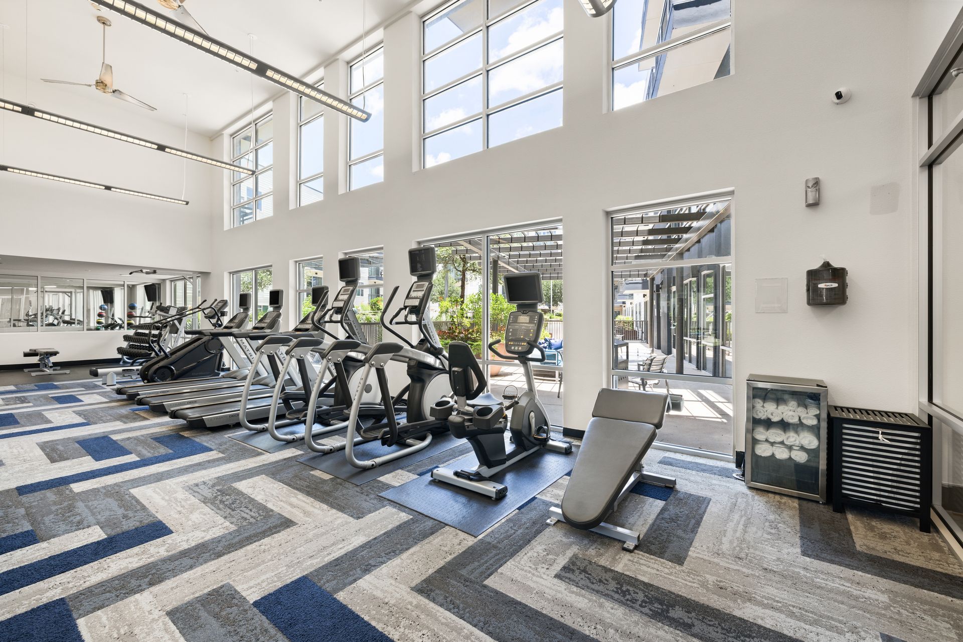 Bright gym with rows of elliptical machines, patterned carpet, and large windows overlooking a pool.