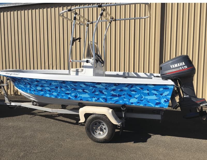 Blue Camo Boat Vinyl Wrap - Graphic Design in Wagga Wagga, NSW