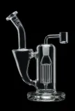 Clear glass smoking pipe with a curved mouthpiece and round base on a black background