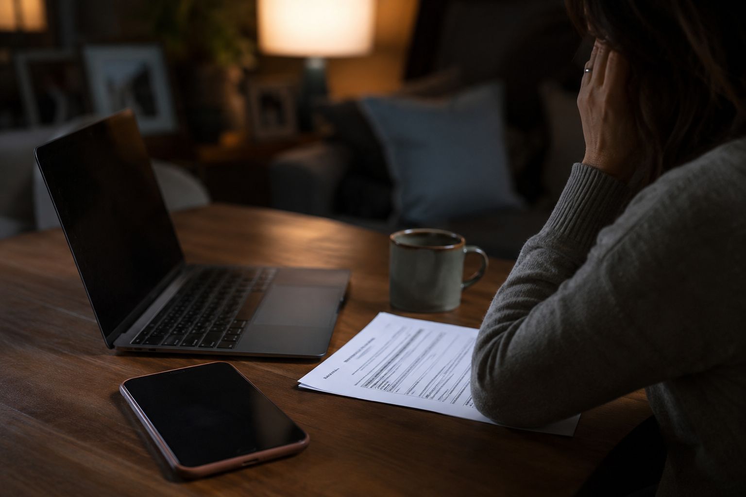 Person working at a desk with a laptop, phone, papers, and coffee in a dimly lit room
