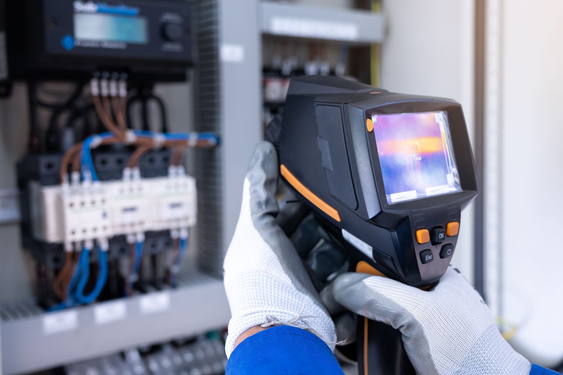 Technician using thermal camera to inspect electrical panel, revealing heat signatures.