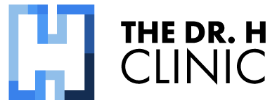 Dr. H Clinic logo with blue H icon and black text on a white background