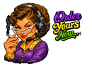 Woman with headset and cigarette, purple outfit, grand opening announcement, Sunday 3/15/26.