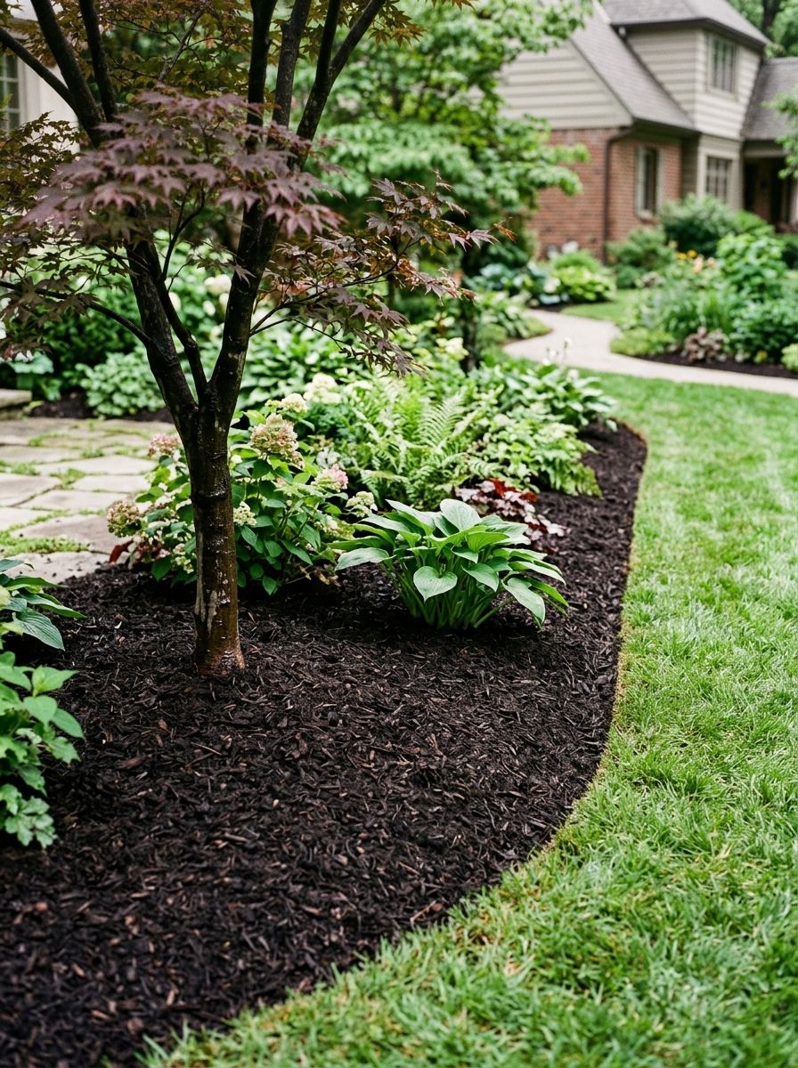 Mulched garden bed with shrubs and a young tree beside a green lawn and house.