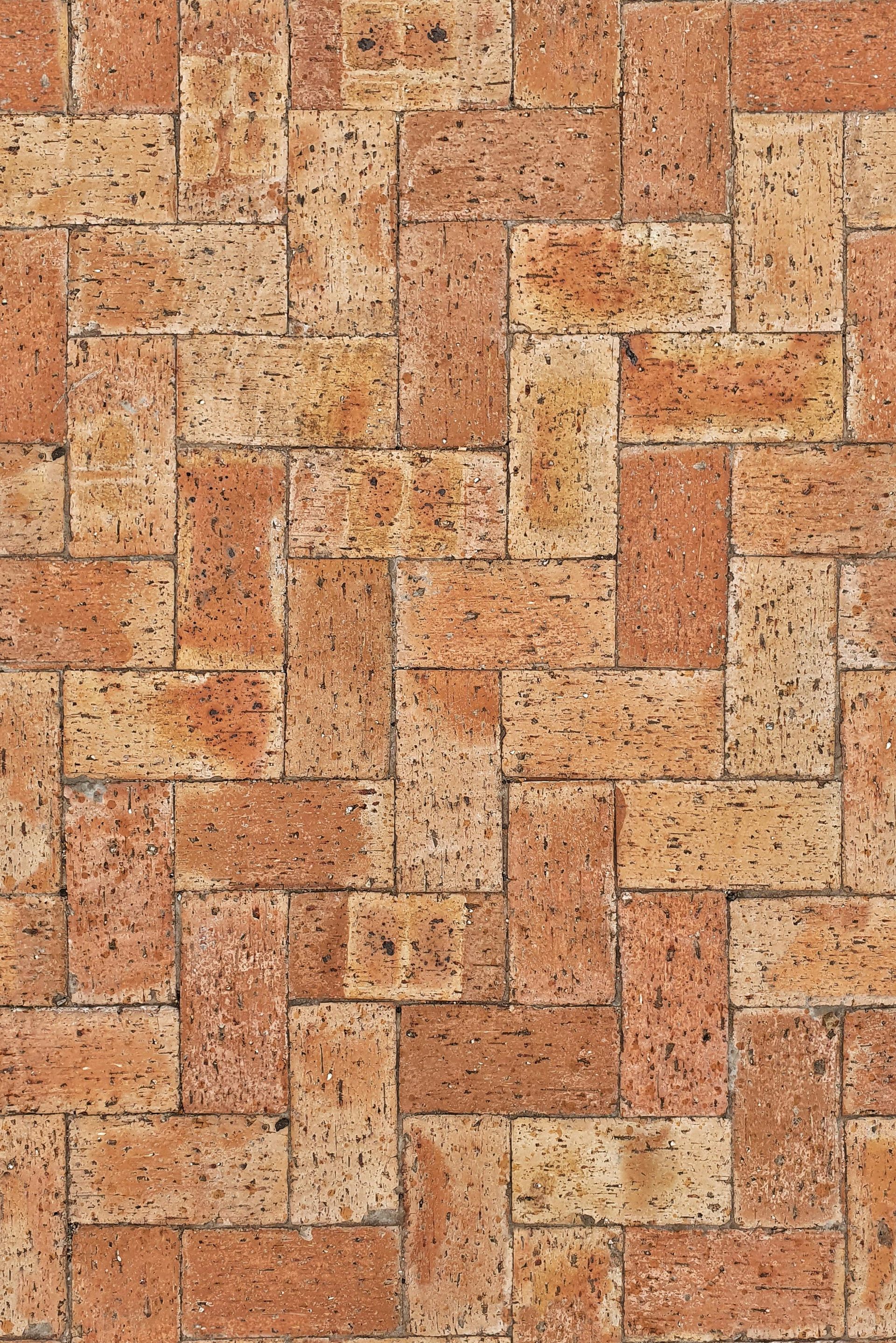 Close-up of a tan and reddish brick pavement in a herringbone pattern.