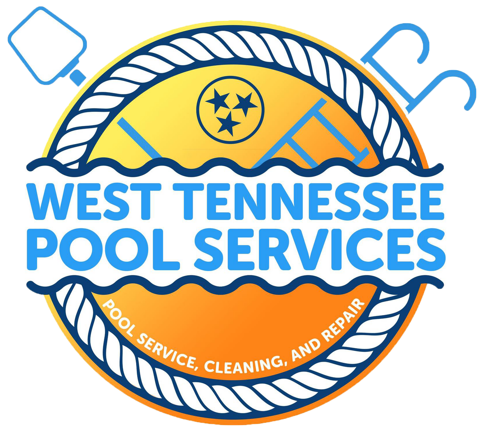 A logo for west tennessee pool services shows a rope and ladder
