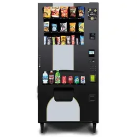 A vending machine filled with snacks and drinks on a white background.